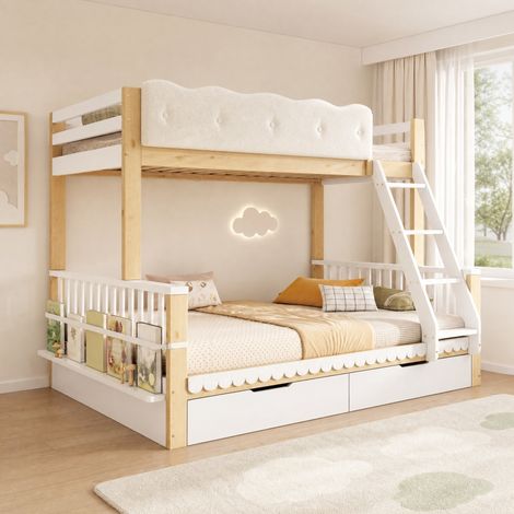 Etagenbett für Kinder 90x200/140x200 mit Schubladen und Zeitschriftenhalter, weiß/Eiche HAVRYA (1/5)