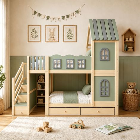 Lit superposé enfant 90x200 cm, barrière de lit nuage, structure toit avec fenêtres, échelle de rangement, étagères et tiroirs, lit en bois pour garçon et fille, lit double vert (1/5)