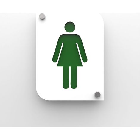 Pictogramme toilettes femmes - Plaque porte PMMA blanc design - Fond personnalisable - 20x15 cm, 2 plaques 3 mm, fixation inox 13 mm (1/4)