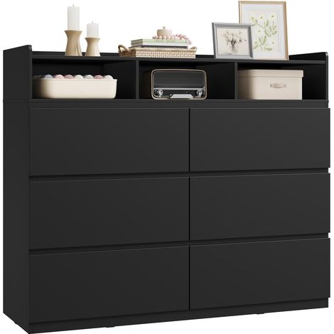 WOLTU Commode avec 6 Tiroirs et 3 Compartiments Ouverts, en Bois d’ingénierie, 120x40x100 cm, Armoire de Rangement sur 4 Niveaux, Noir (1/5)