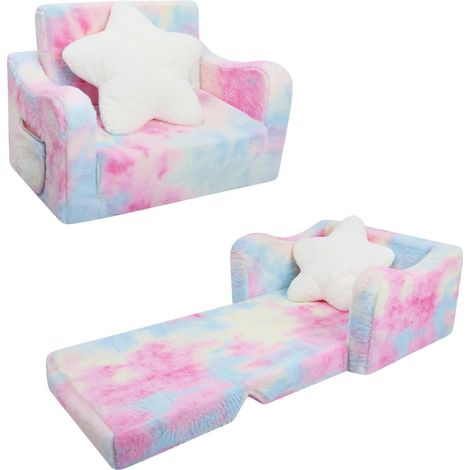 Canapé Pliant pour Enfants avec Oreiller en Forme d'étoile Canapé-Lit Convertible 2 en 1,Fauteuil Stable pour Fille Bébés avec Poche, Canapé Chaise Confortable pour Chambre à Coucher Salon,Rose