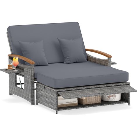 Canapé à 2 Places en Rotin avec Ottoman de Rangement et Coussins, Charge 360KG, Plateau Latéral Pliant, Dossier Réglable 4 Positions, Gris(Style C) (1/5)