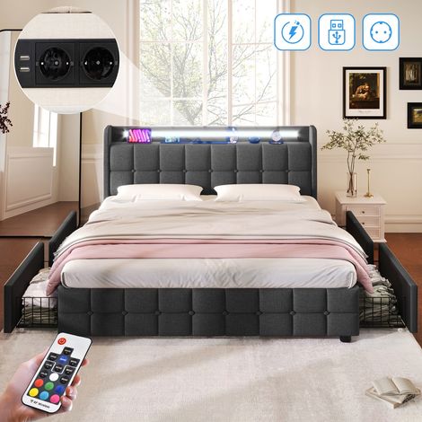 Cama doble moderna de lino, 160x200 cm - iluminación LED, 4 cajones, puerto USB de carga, diseño contemporáneo - Gris (1/5)