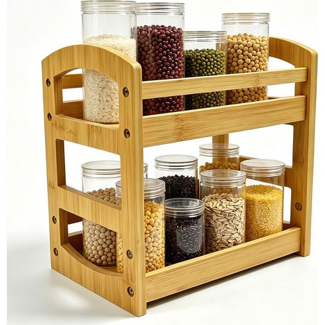 Support Bambou Étagère de Rangement 2 Niveaux Bois Naturel Bambou Naturel, Etagère Double Niveau, Rangement Cuisine, Organisateur Cosmétiques Salle de Bain, Montage Rapide (1/5)