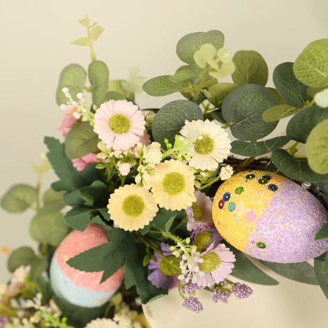 Heimdekoration, Frühlingskranz aus künstlichen Gänseblümchen und Ostereiern (1 Stück, 45 cm) in einer Tasche, Osterblumenkranz. (1/5)