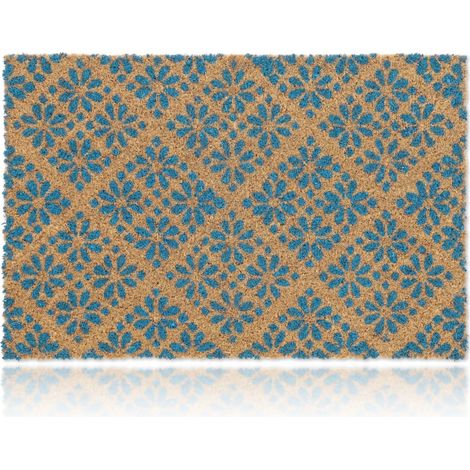 Relaxdays Zerbino da Ingresso in Cocco, Floreale, Tappetino Interni e Esterni Antiscivolo, 60x40 cm, Colore Naturale Blu (1/5)