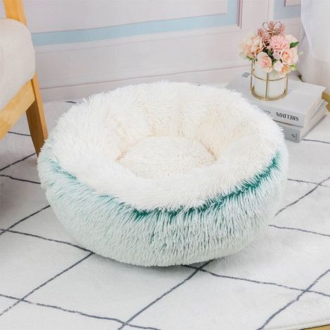 Lit rond et duveteux pour animaux,cave anti-anxiété pour chat,lit confortable,fond antidérapant,lavable en machine(Vert,50cm) (1/5)