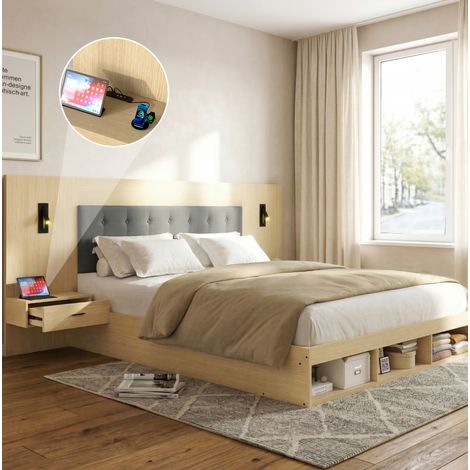 Cama moderna de MDF roble claro 160x200 cm con cabecero, USB/Type-C, luces orientables y 2 mesitas