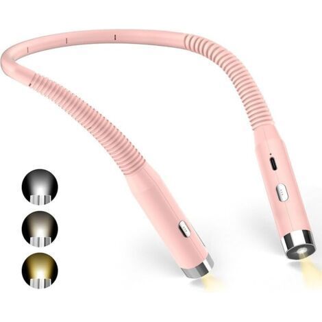 Lámpara de trabajo para el cuello, luz de lectura recargable para la cama, 3 colores y 3 niveles de brillo ajustables, plegable 360°, luz de lectura LED USB para viajes, tejer y acampar (rosa). (1/5)