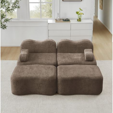 Canapé modulaire 2 places en velours marron avec 2 ottomans, design sans structure et assise profonde (1/5)
