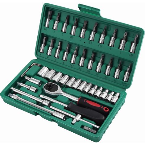 JSSEVN - 46-Piece Socket and Ratchet Set, Chrome Vanadium, 1/4" Drive, Ratchet Wrench Adapter Set, Socket Case (1/4)