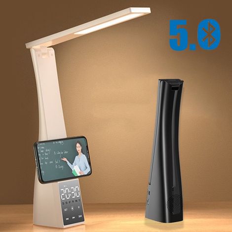 Lampe de bureau LED avec enceinte Bluetooth, lecteur audio, miroir, réveil, thermomètre, radio, support téléphone, rechargeable USB, 4 niveaux de gradation, pliable, support carte TF