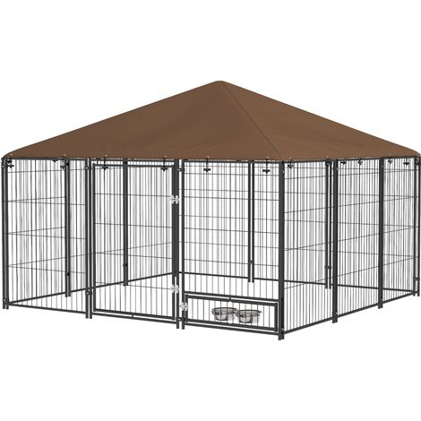 PawHut Recinzione per Cani in Acciaio con Porticina per Ciotole 211x141x151 cm