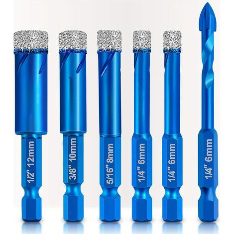 Lot de 6 Forets Diamantés Bleus Granit à Tige Hexagonale pour Perçage à Sec Carrelage Céramique Marbre et Pierre Naturelle (1/5)