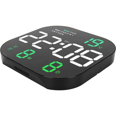 Horloge numérique à grand écran LED, télécommande USB 5V, affichage multifonction de la température et du mois, horloge électronique lumineuse pour bureau ou salon, deux couleurs d'éclairage vert. (1/5)