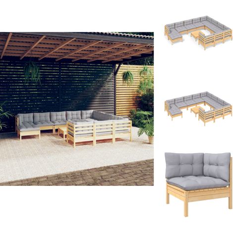 Gartenmöbel-Sets - Living 12-tlg. Garten-Lounge-Set mit Grauen Kissen Kiefernholz (1/5)