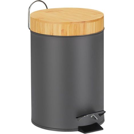 Poubelle salle de bain 3 L – cosmétique, fermeture douce, couvercle bambou, seau amovible, pédale, grise (1/5)