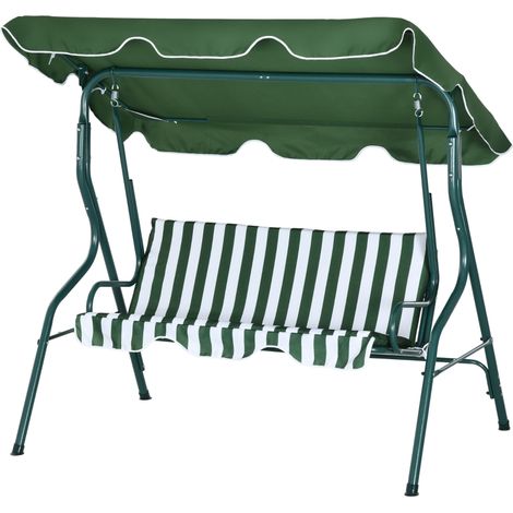 Balancelle de jardin 3 places avec auvent réglable et coussins en acier et polyester 170 x 110 x 153 cm verte et blanche (1/3)