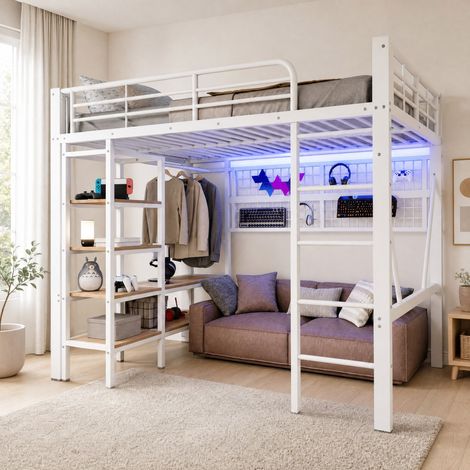Cama alta 140x200 cm con LED regulable por app, estante, red colgante y barra para ropa, estructura de metal y MDF, color blanco, sin colchón CHICFURN (1/5)