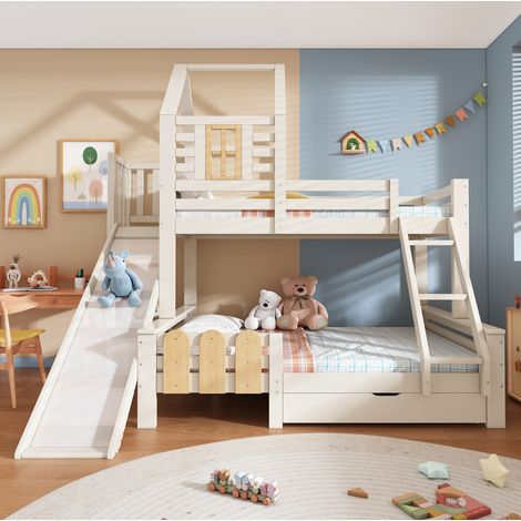CHICFURN Litera infantil 90x200 y 140x200 cm de madera blanca, casita con tobogán y cajón (1/5)