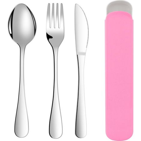 Ensemble couverts avec étui 3 pièces, acier inoxydable portable, compatible lave-vaisselle, pour voyages/camping/bureau, rose.