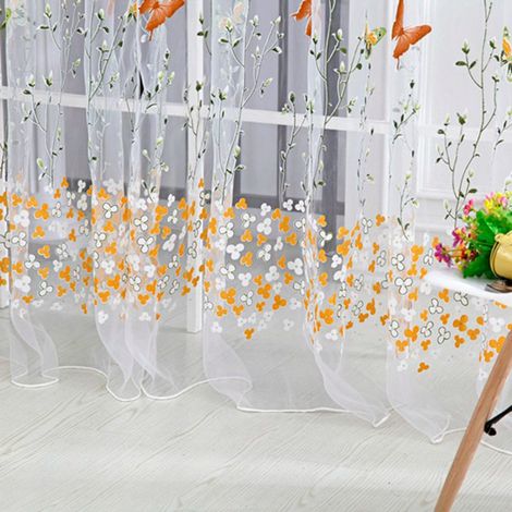 Rideaux imprimés papillons 100 x 200 cm, fleurs papillon jaune-vert (1/5)
