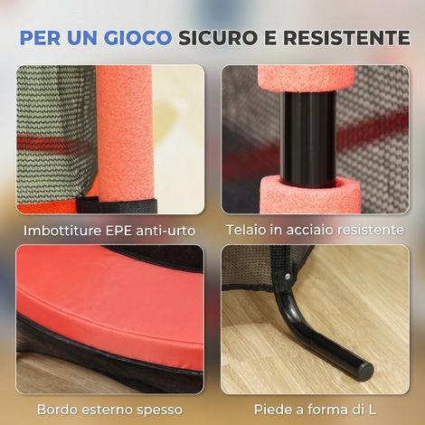Trampoline enfant Ø1,6x1,9 m rouge, filet sécurité et poteaux rembourrés, modèle 3-10 ans, jeu extérieur.