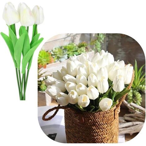 Tulipanes artificiales de silicona, 34 cm, plantas decorativas para jarrón, 5 unidades - Blanco (1/4)