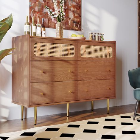 Buffet et enfilade commode 6 tiroirs en rotin pour chambre et salon, couleur noyer, dimensions H90 L120 D40 cm, rangement fonctionnel et design (1/5)