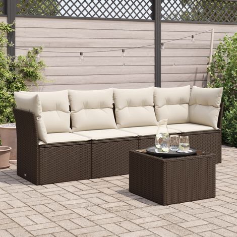 Ensemble de Jardin en Résine Tressée Brun avec Coussins Crème 5 Pièces (2 Fauteuils d'Angle, 2 Banquettes, 1 Table) (1/3)