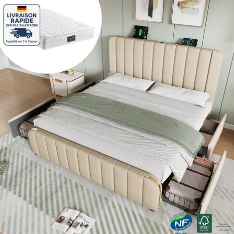 Lit adulte 140x200 cm, tissu matelassé/capitonné - avec port de charge - avec 4 tiroirs, lin, bois certifié PEFC - style contemporain, matelas inclus, beige, (1/5)