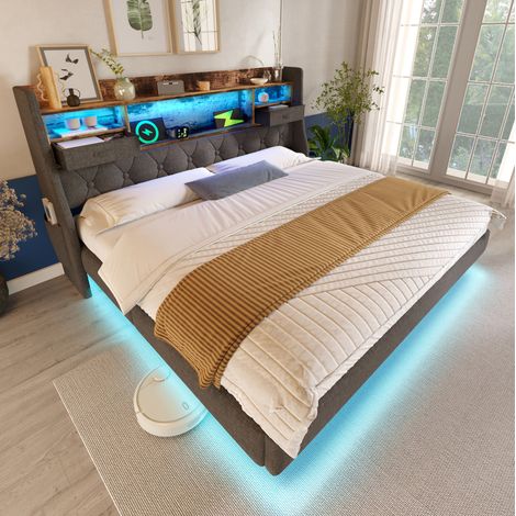 cama matrimonio LED con almacenaje lino gris 160x200 OKMYHOME (1/5)
