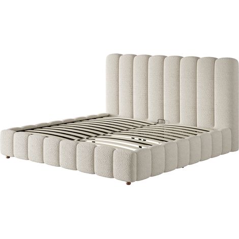 Cama matrimonial tapizada 160x200 cm con almacenamiento hidráulico y somier, blanco Bouclé (1/5)