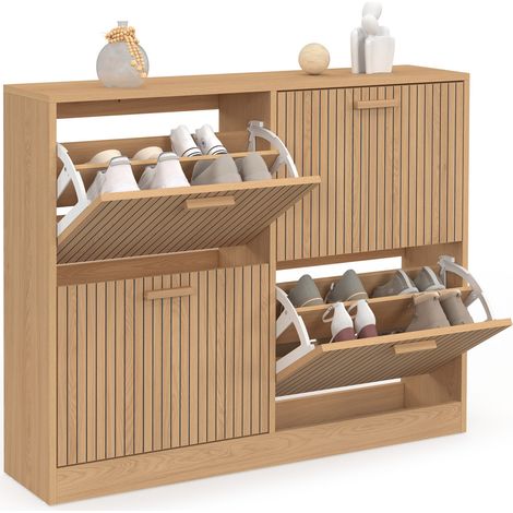 Meuble à chaussures 20 paires JULIETTE 4 portes lattes tasseau bois coloris chêne