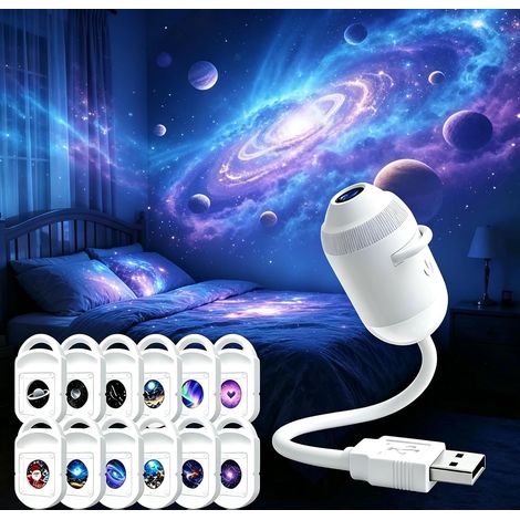 Projecteur veilleuse holographique 5D, prêt à l'emploi, réglable à 360°, alimenté par USB, planétarium ciel étoilé, cadeau pour enfants (12 films de projection) [Classe énergétique A+]