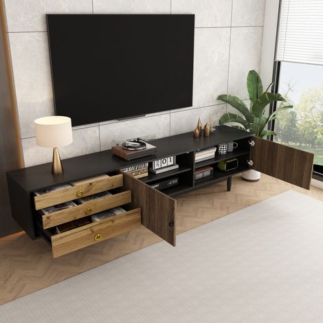 Meuble TV avec 2 Portes et 3 Tiroirs, Motif Ondulé, Pieds Bois Massif, pour Salon, Noir et Naturel, 180×38×50 cm (1/5)