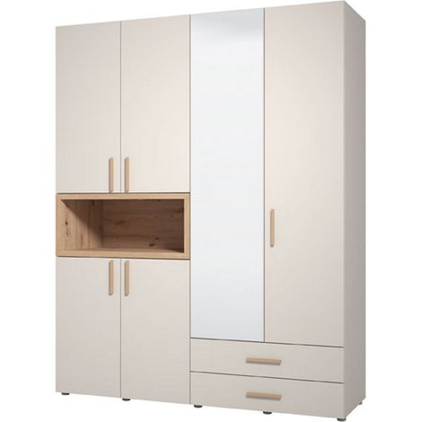 Großer Kleiderschrank Merlino, Schlafzimmerschrank mit 2 Schubladen, 4 Einlegeböden, Kleiderstange, 179x227h cm, Cremeweiß