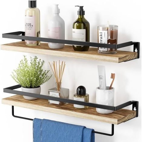 Set aus 2 Wandregalen aus Holz und Metall mit abnehmbarer Handtuchstange für Badezimmer, Wohnzimmer, Schlafzimmer, Küche (1/4)