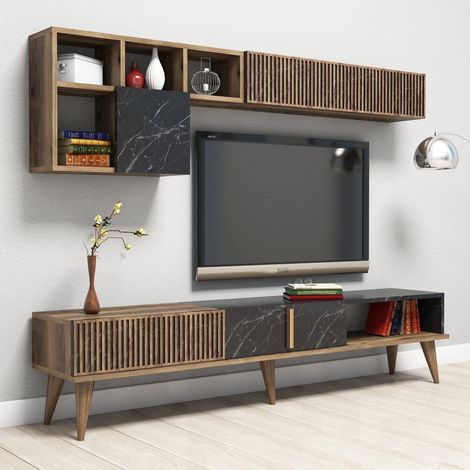 Wohnwand Domanico, Modulares Wohnzimmermöbel, 11 Regalböden, 10 Fächer, Nussbraun (1/5)