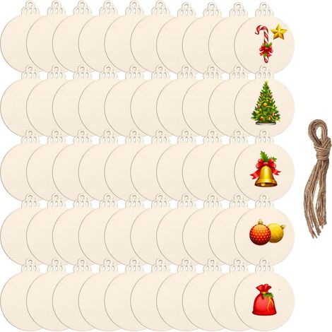 Lot de 50 Boules de Noël en Bois avec Ficelles, Rondelles de Bois Vierges pour Loisirs Créatifs, Boules Personnalisées Faites à la Main pour Sapin et Décorations d'Intérieur (1/5)