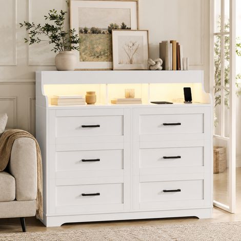 Commode 6 Tiroirs avec éclairage LED, Buffet avec Prises USB, Meuble de rangement Moderne, pour Salon et Chambre,110x40x99 cm, Blanc (1/5)