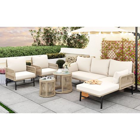 Ensemble de salon de jardin en corde tressée beige pour extérieur - 2 fauteuils, 2 canapés 2 places et 2 tables avec tous les coussins inclus structure en fer (1/5)