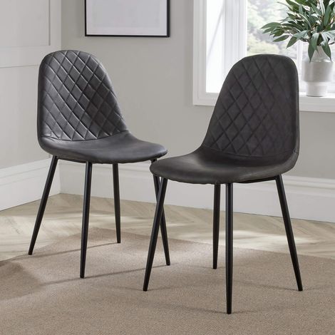 Grey Kitchen Dining Chairs Pair Set of 2 Black Metal Legs Diamond Fabric Design (1/5)