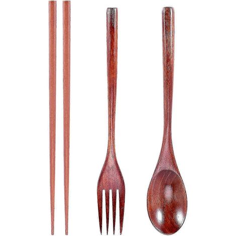 Ensemble de couverts en bois portables, pratiques et réutilisables (cuillère, fourchette, baguettes) pour le camping et le bureau. (1/5)