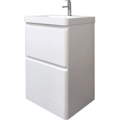 Meuble salle de bain à poser 60 cm blanc brillant avec vasque lavabo et plan résine, meuble sous vasque élégant avec rangement fonctionnel et design contemporain (1/5)