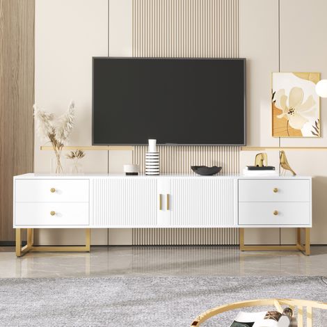 Meuble TV Blanc au design élégant avec 2 portes, 4 tiroirs de rangement, pieds en métal 175 x 30 x 46 cm Facile à nettoyer (1/5)