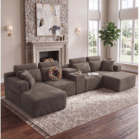 Canapé panoramique modulable en U en velours côtelé, 4 colis, avec porte-gobelets doubles intégrés, assise profonde et coussins de dossier amovibles, coloris kaki – CHICFURN (1/5)