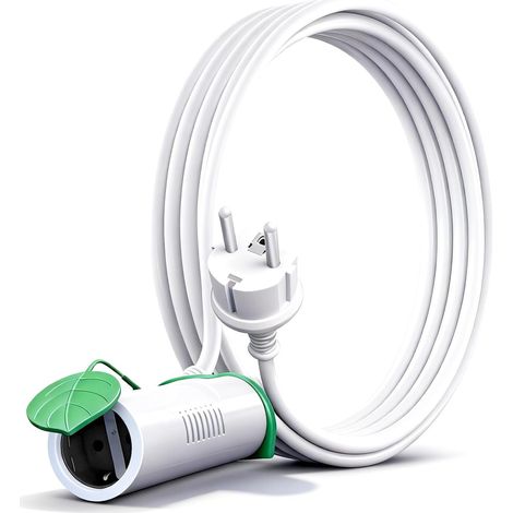 Rallonge IP44 H05VV-F 5m, Blanche, 2 Prises Schuko Câble H05VV-F 3G1,5mm² avec 2 prises Schuko protégées pour usage extérieur temporaire au jardin, en terrasse et bricolage (1/5)