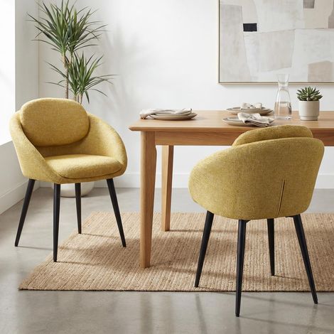Wahson 2Pcs Dining Chairs Chenille, Modern Round Kitchen Chairs with Metal Legs, Upholstered Vanity Chairs for Dining Room Bedroom, Yellow
