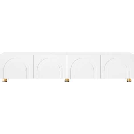 Meuble TV avec 4 portes à relief en arche, pieds en métal, blanc, 180x35x40 cm (1/5)